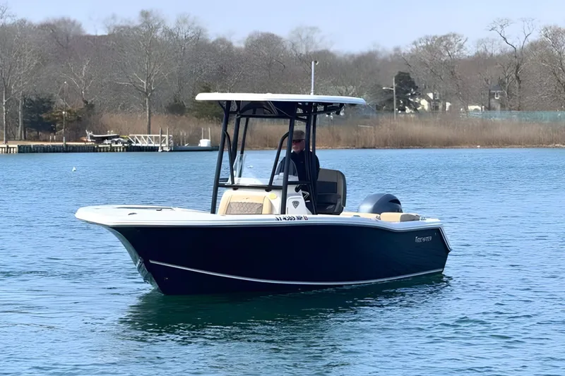 Slide: The Image of 2019 Tidewater 220 LXF boat on calm water with wooded shoreline background. - 8