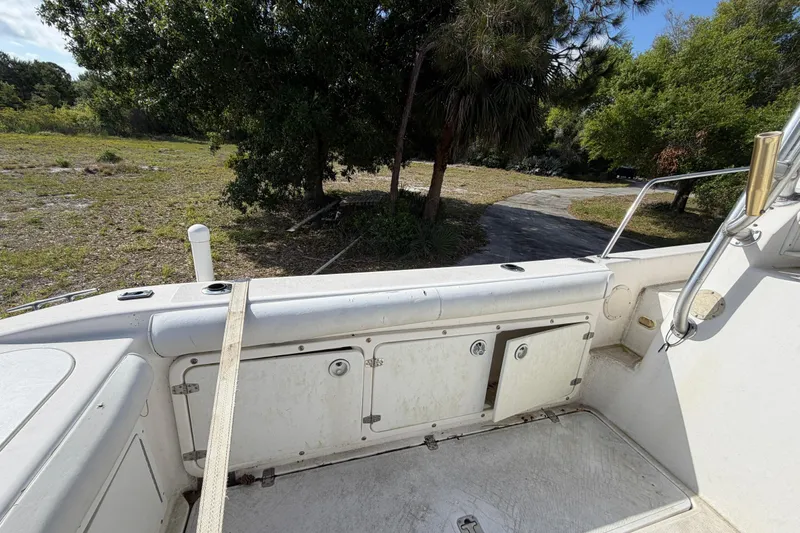 Slide: The Image of Century 3200 Walk-Around 2000 boat deck with storage compartments, surrounded by greenery. - 36