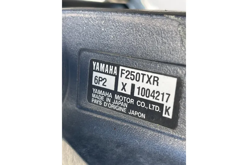 Slide: The Image of Label on Yamaha F250TXR engine, made in Japan, for Century 3200 Walk-Around 2000. - 6