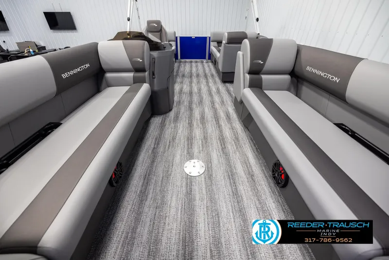 Slide: The Image of Interior of 2025 Bennington 21 SSR pontoon boat with gray seating. - 13