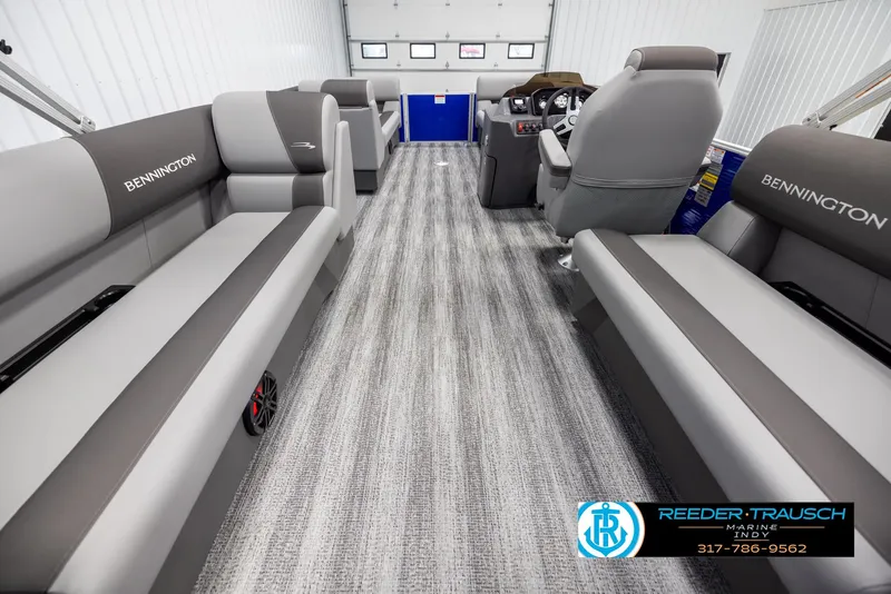 Slide: The Image of Interior of 2025 Bennington 21 SSR pontoon boat with gray seating. - 16