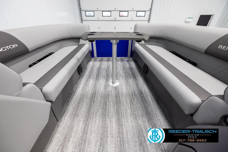 Slide: The Image of Interior of 2025 Bennington 21 SSR with gray seating and table. - 20