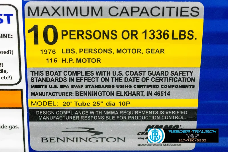 Slide: The Image of Bennington 21 SSR 2025 boat capacity label, 10 persons, 1336 lbs, 115 HP. - 45