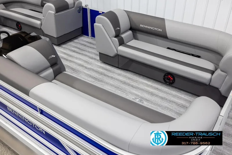 Slide: The Image of Interior of 2025 Bennington 21 SSR pontoon boat with gray seating. - 9