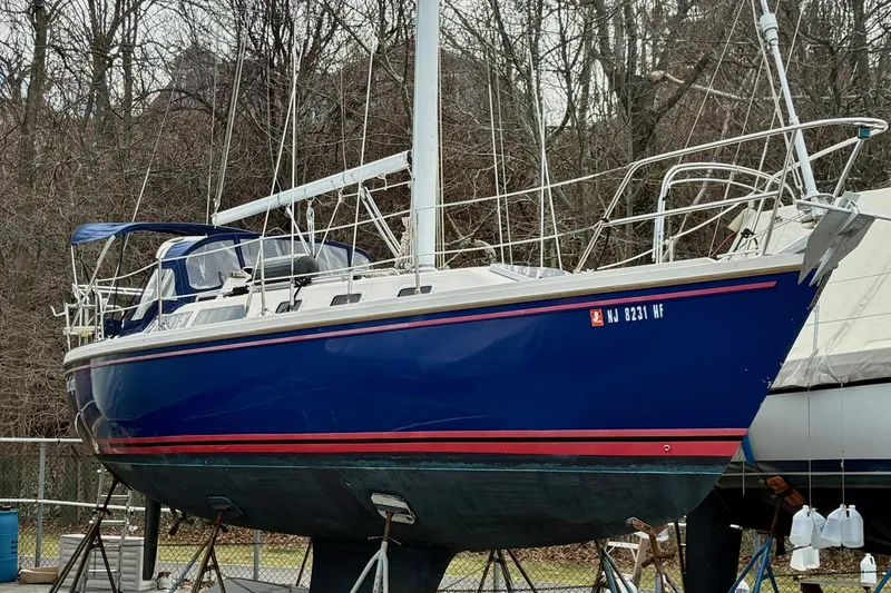 The Image of 1992 Catalina 34 sailboat with blue hull on stands, surrounded by trees. - 0
