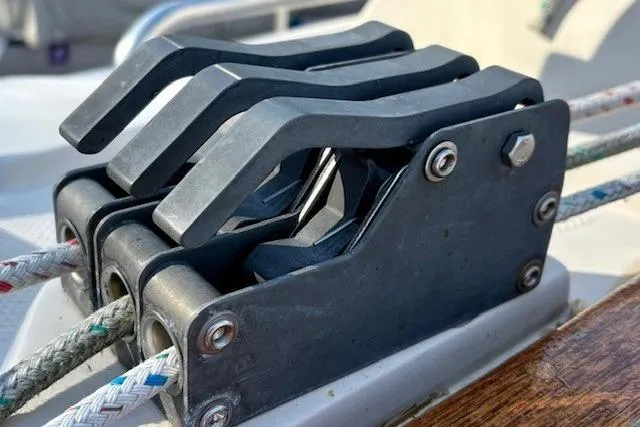 Slide: The Image of Close-up of a Catalina 34 sailboat's rope clutches, 1992 model. - 9