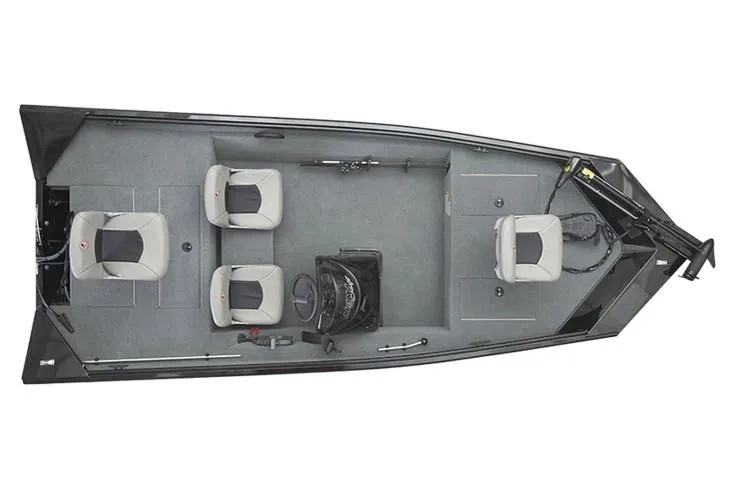 Slide: The Image of 2019 Alumacraft Prowler 165 boat interior with control panel and seating area. - 6