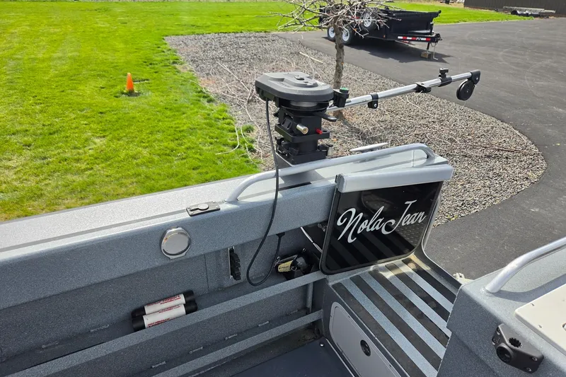 Slide: The Image of Duckworth 28 Offshore boat, 2012 model, with "Nola Jean" nameplate and fishing equipment. - 20