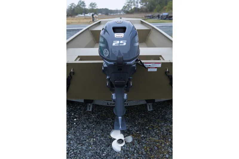 Slide: The Image of 2025 G3 Gator Tough 1652 VBW boat with Yamaha 25HP outboard motor. - 2