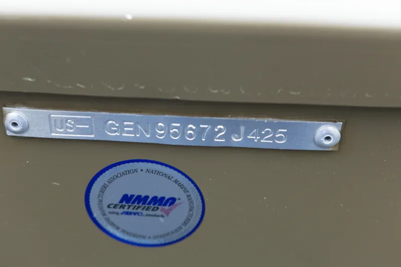 Slide: The Image of 2025 G3 Gator Tough 1652 VBW boat identification plate with NMMA certification sticker. - 8