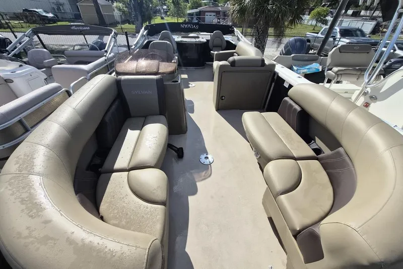 Slide: The Image of 2022 Sylvan Mirage Fish 820 Party Fish pontoon boat with spacious seating and modern design. - 4