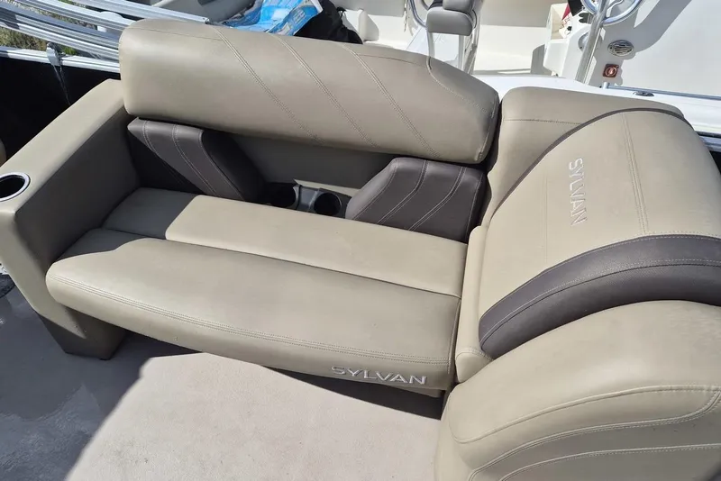 Slide: The Image of 2022 Sylvan Mirage Fish 820 Party Fish boat seating with cup holders and logo. - 9