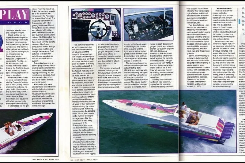 Slide: The Image of 1997 Powerplay Powerboats 33 Sport Deck review in a magazine spread with images and text. - 17
