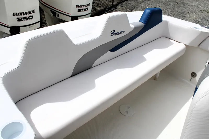 Slide: The Image of 2007 Renegade 29CC boat interior with white seating and Evinrude 250 engines. - 14
