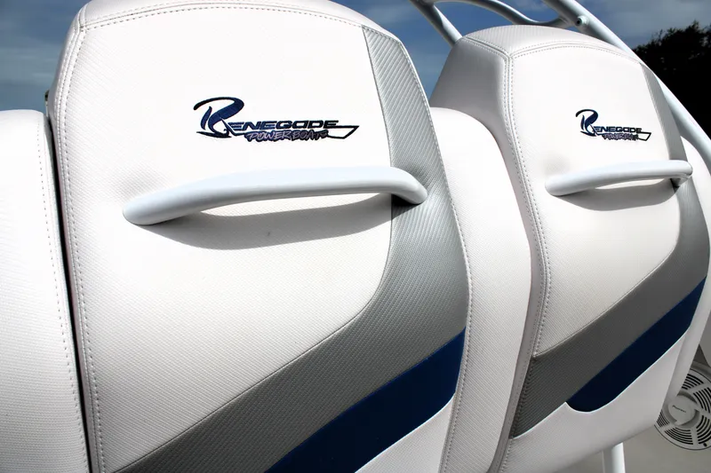 Slide: The Image of White Renegade 29CC 2007 boat seats with logo, featuring blue and gray accents. - 15