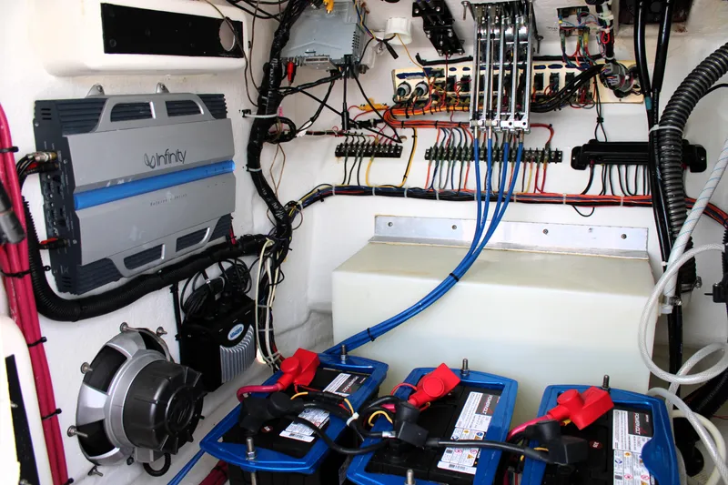 Slide: The Image of Electrical system of a 2007 Renegade 29CC boat, featuring batteries and wiring components. - 32
