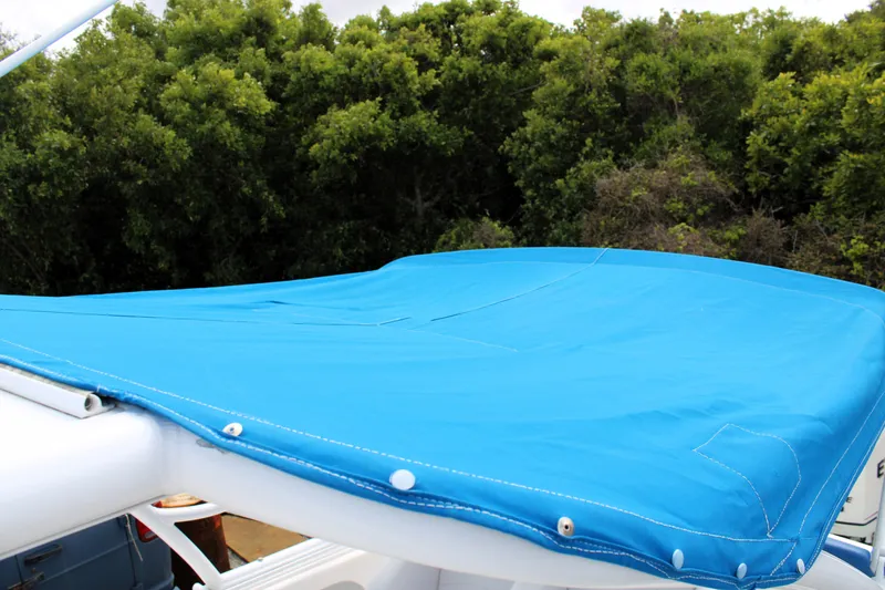 Slide: The Image of Blue boat canopy on 2007 Renegade 29CC, surrounded by lush green trees. - 45