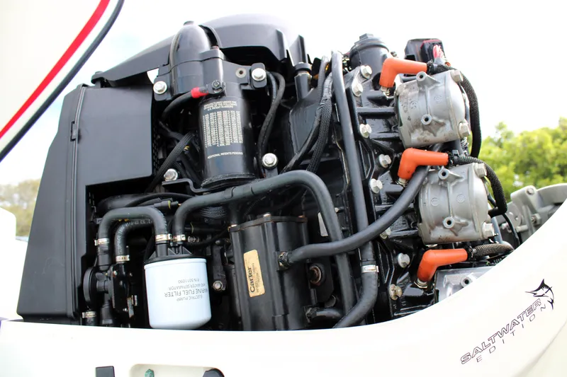 Slide: The Image of Close-up of a 2007 Renegade 29CC outboard engine, Saltwater Edition, showcasing intricate components. - 53