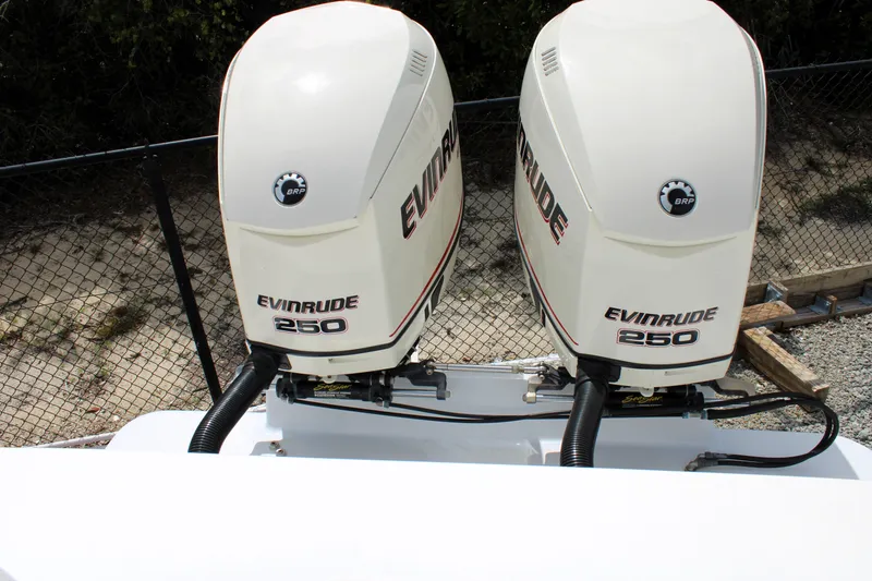 Slide: The Image of Twin Evinrude 250 outboard motors on a 2007 Renegade 29CC boat. - 6