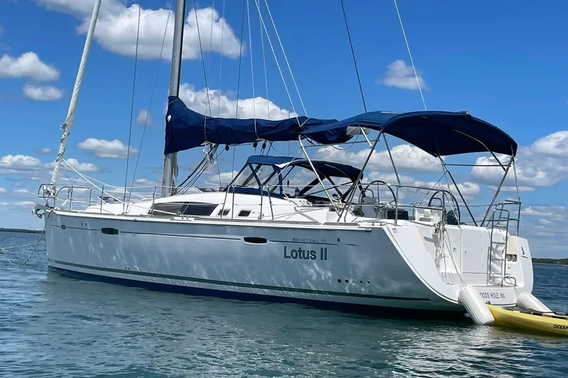 Slide: The Image of Sailing yacht Beneteau Oceanis 46, 2007 model, anchored on a sunny day with blue skies. - 35