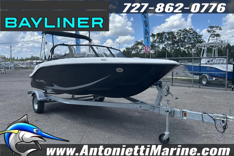 The Image of 2026 Bayliner Element M17 boat on trailer at Antonietti Marine dealership. - 0