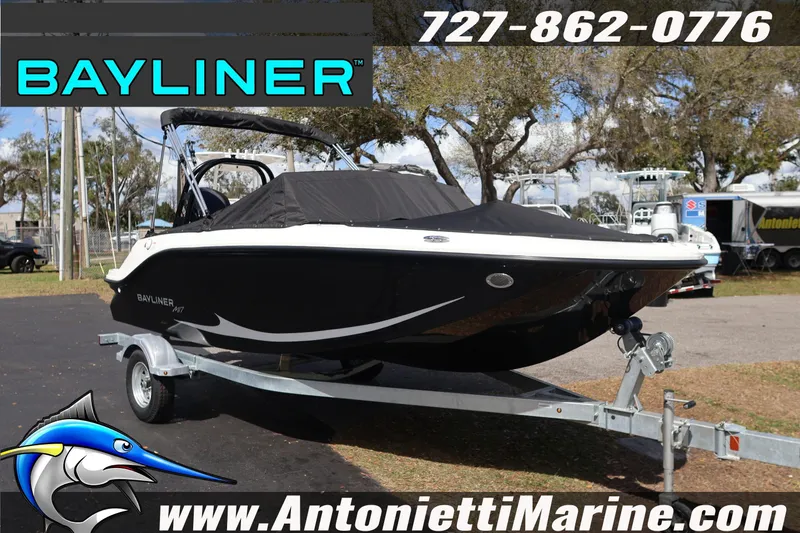 The Image of 2026 Bayliner Element M17 boat on trailer at Antonietti Marine dealership. - 1