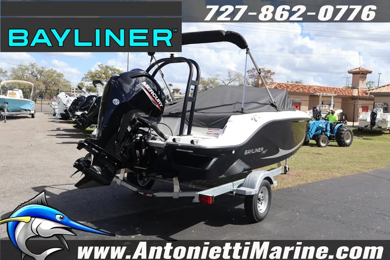 Slide: The Image of 2026 Bayliner Element M17 boat on trailer at Antonietti Marine dealership. - 3