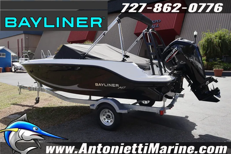 Slide: The Image of 2026 Bayliner Element M17 boat on trailer at Antonietti Marine dealership. - 5