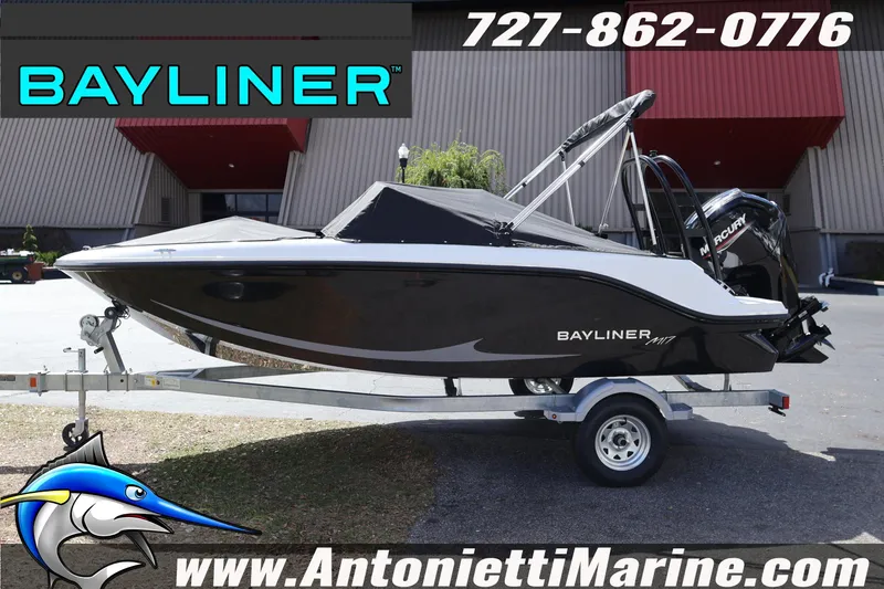 Slide: The Image of 2026 Bayliner Element M17 boat on trailer at Antonietti Marine dealership. - 6
