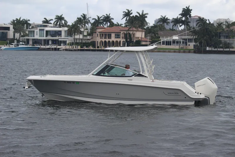 Slide: The Image of 2023 Boston Whaler 240 Vantage boat anchor compartment with ladder, docked on water. - 19