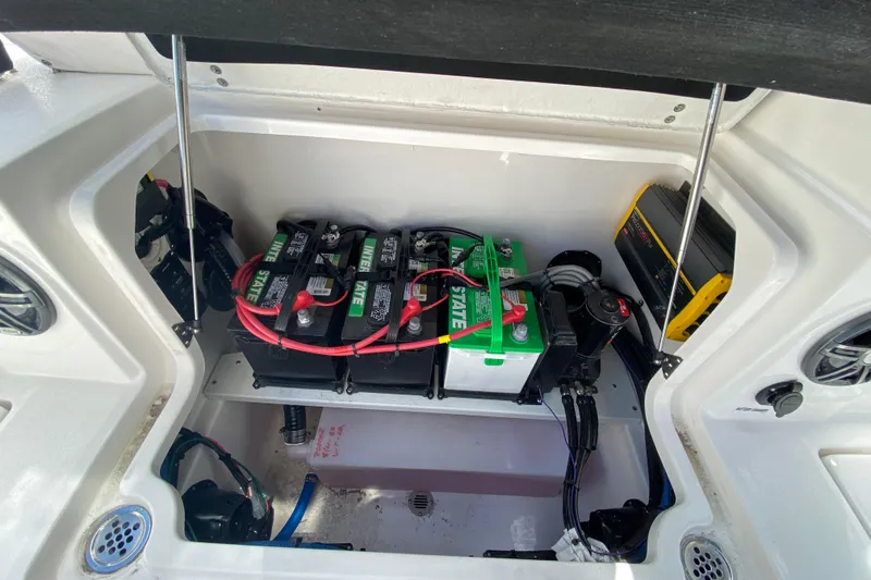 Slide: The Image of Battery compartment of 2026 Sea Fox 268 Commander boat with multiple batteries and wiring. - 3