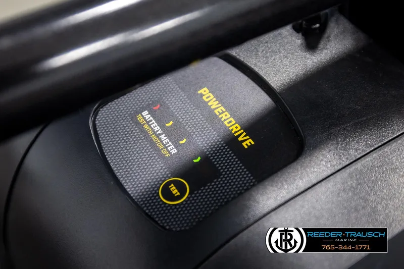 Slide: The Image of Close-up of 2025 Lund 1600 Fury SS PowerDrive battery meter display. - 26