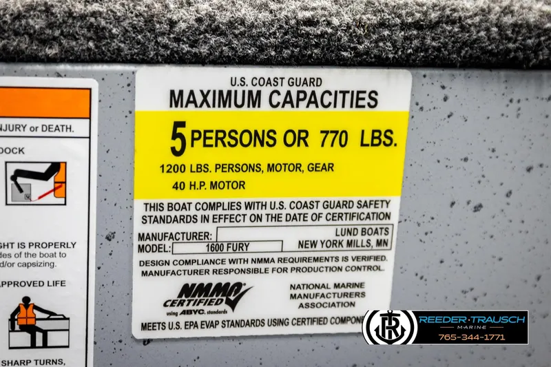 Slide: The Image of 2025 Lund 1600 Fury SS capacity label, 5 persons or 770 lbs, safety compliance. - 48