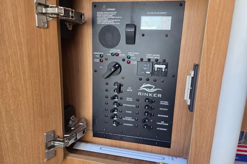Slide: The Image of Electrical control panel of 2014 Rinker 290 Express Cruiser inside wooden cabinet. - 23