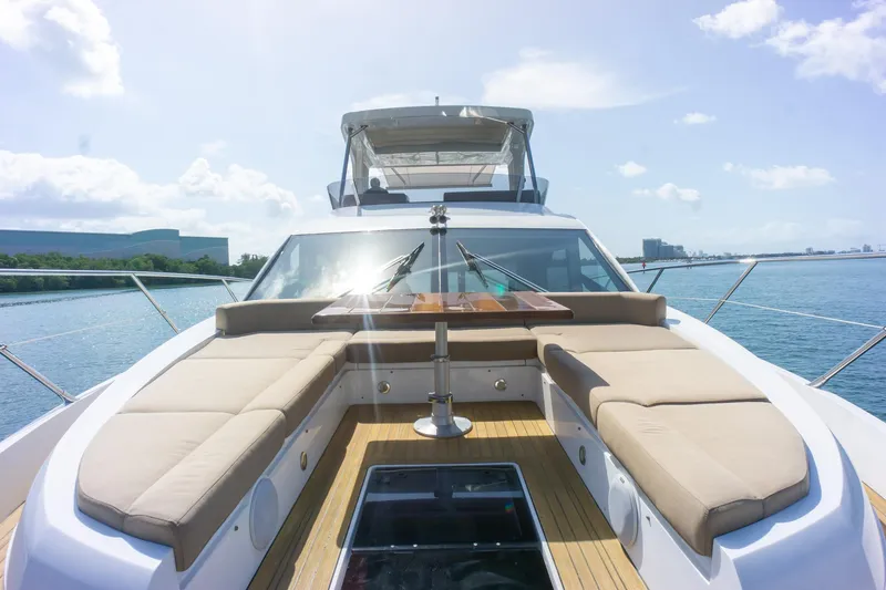 Slide: The Image of 2018 Sunseeker Manhattan 52 yacht deck with luxurious seating and ocean view. - 23