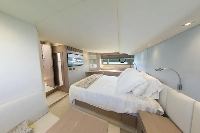 Slide: The Image of Luxurious bedroom interior of 2018 Sunseeker Manhattan 52 yacht with modern amenities. - 51