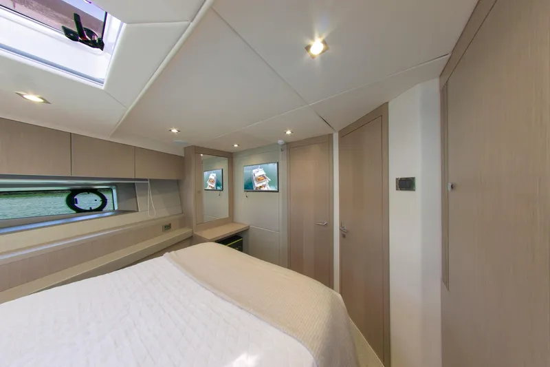 Slide: The Image of Luxurious interior of 2018 Sunseeker Manhattan 52 yacht bedroom with modern design. - 55