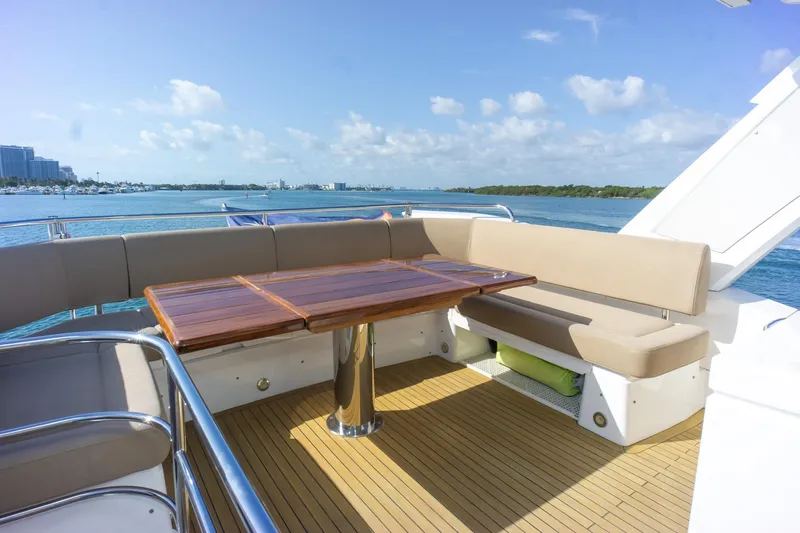 Slide: The Image of Luxurious Sunseeker Manhattan 52 yacht deck with seating, overlooking serene blue waters. - 78
