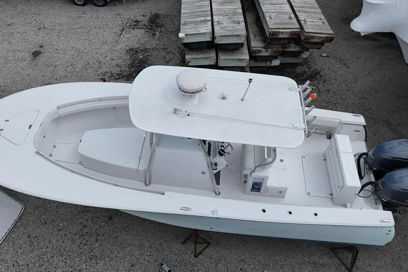 Slide: The Image of 2012 Southport 29 Tournament Edition boat with dual engines, aerial view. - 2