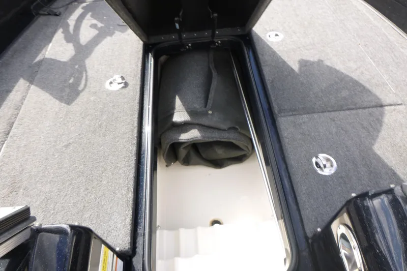 Slide: The Image of Open storage compartment in 2019 Triton 206 Allure boat, featuring carpeted interior. - 11