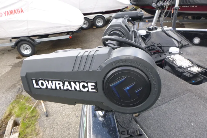 Slide: The Image of Lowrance equipment on a 2019 Triton 206 Allure boat, with Yamaha trailer in background. - 9