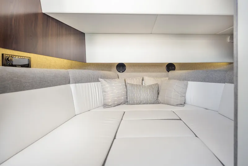 Slide: The Image of Interior cabin of 2021 Cruisers Yachts 38 GLS with modern seating and cushions. - 40