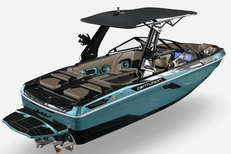 Slide: The Image of 2026 Centurion Ri230 boat with sleek design, teal exterior, and modern interior features. - 3