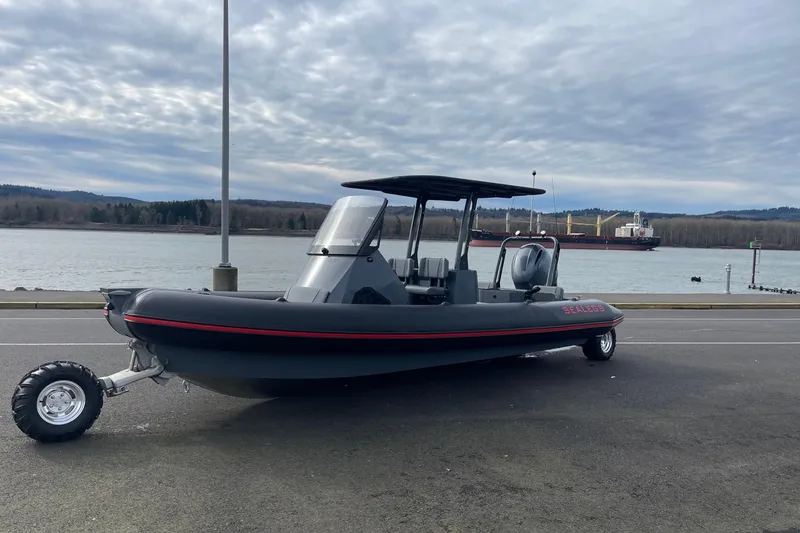 Slide: The Image of 2024 Sealegs 7.5 amphibious boat parked by a riverside under cloudy skies. - 4