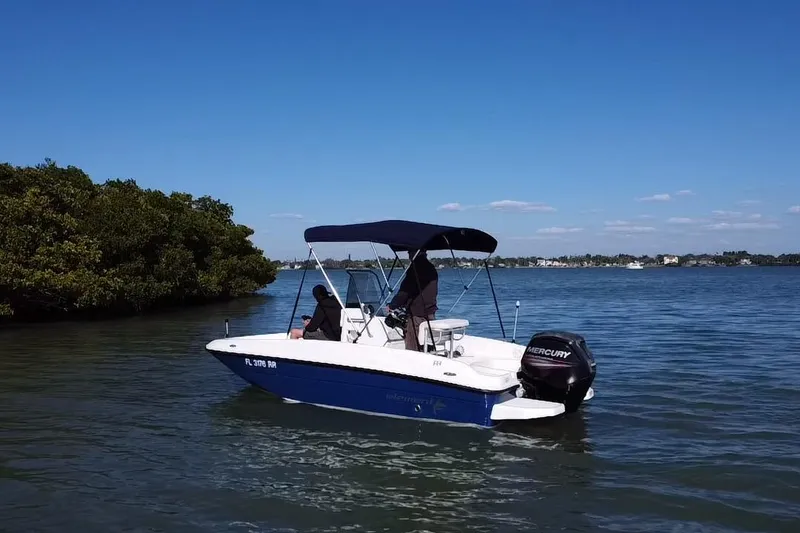 Slide: The Image of 2018 Bayliner Element F16 boat on calm water, with canopy and Mercury outboard motor. - 21