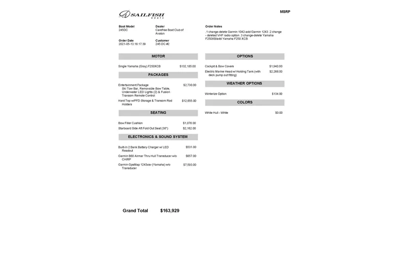 Slide: The Image of 2022 Sailfish 245 DC boat invoice detailing options, packages, and total cost of $163,929. - 17