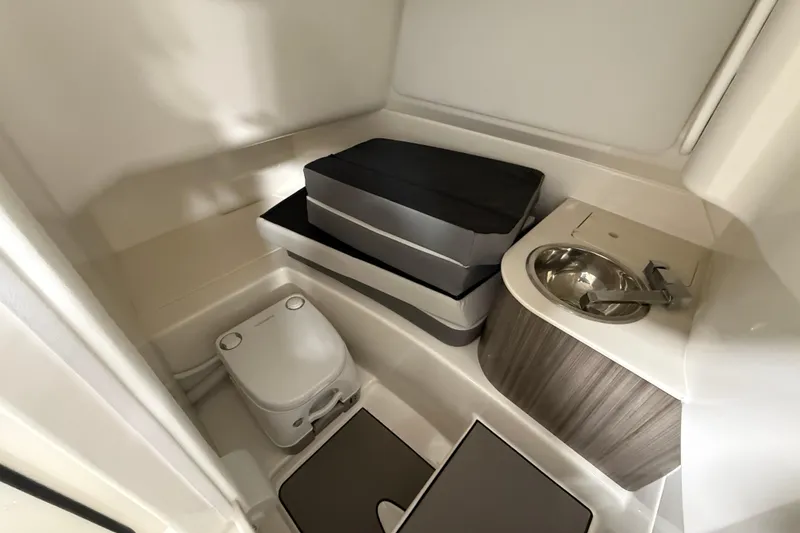 Slide: The Image of 2026 Sea Ray SDX 270 boat interior with compact bathroom, featuring a toilet and sink. - 20