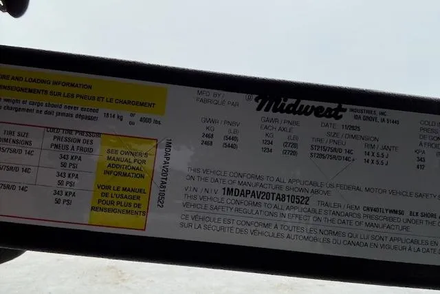 Slide: The Image of Label displaying specifications for Crestliner 2050 Fish Hawk, 2026 model, including tire and loading information. - 17