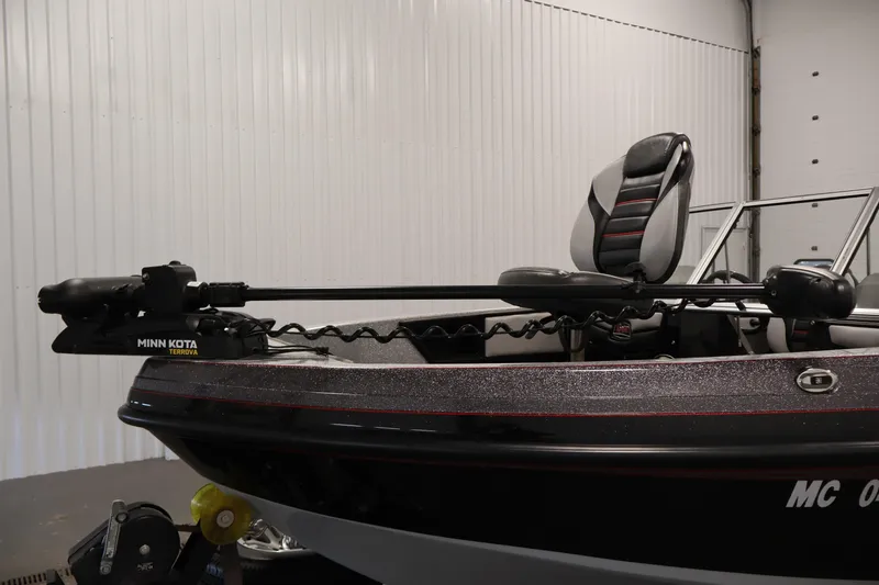 Slide: The Image of 2022 Ranger 1880MS boat with Minn Kota Terrova trolling motor in a garage. - 10
