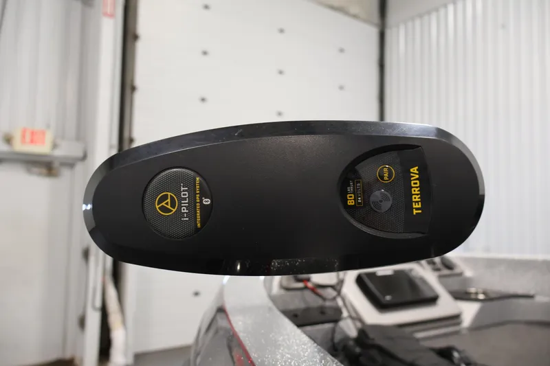 Slide: The Image of 2022 Ranger 1880MS boat with i-Pilot Terrova trolling motor in a garage setting. - 11